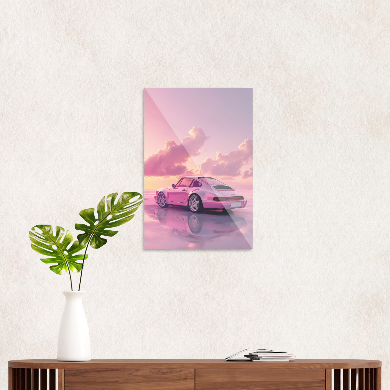 Lyserød Porsche i solnedgang