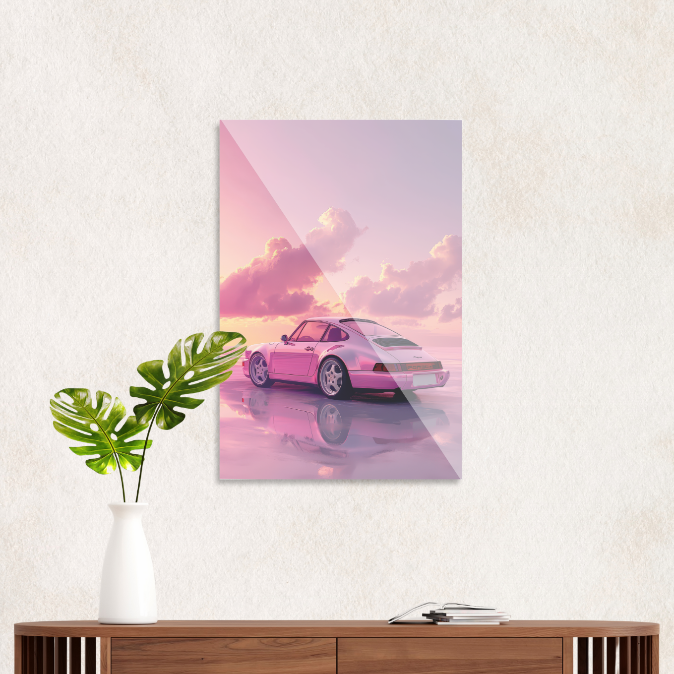 Lyserød Porsche i solnedgang