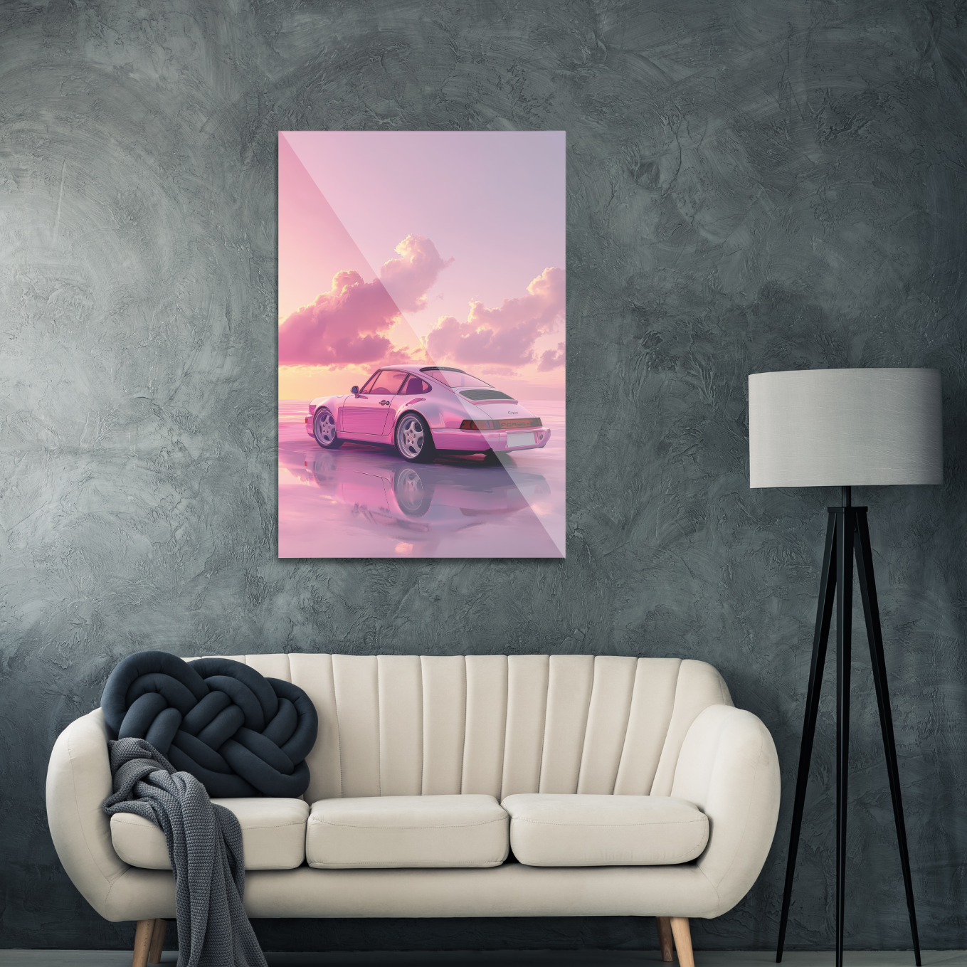 Lyserød Porsche i solnedgang