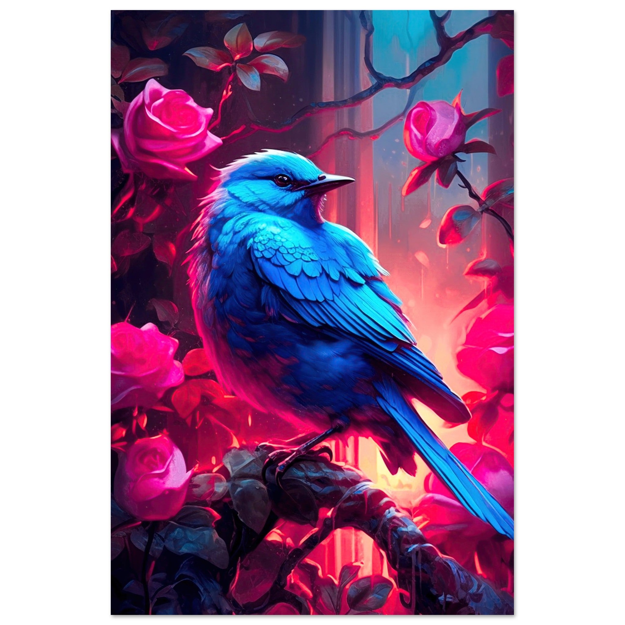 Blå fugl i rosenbusk